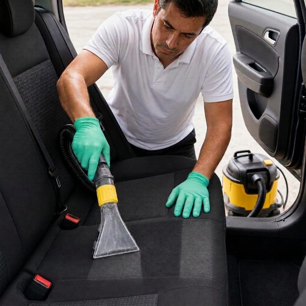 Técnico realizando limpieza profunda del interior de un coche moderno con equipos profesionales Kärcher