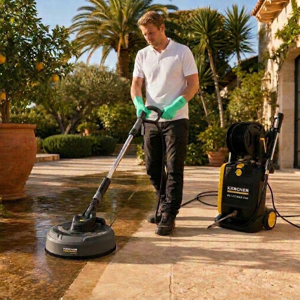 Técnico limpiando un patio de piedra natural con una limpiadora de superficies profesional Kärcher en un jardín español